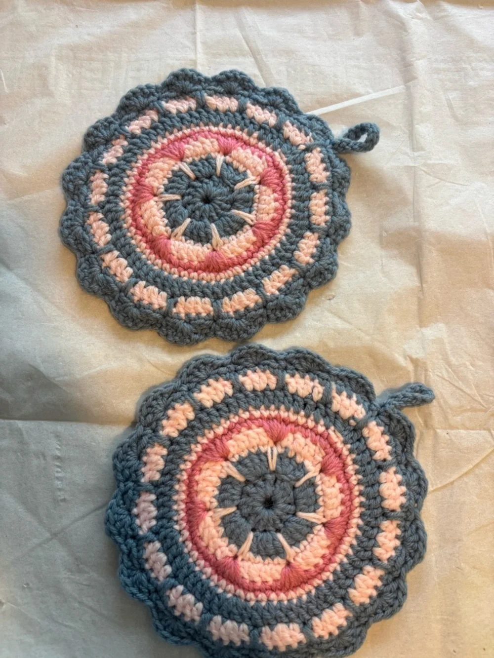 Handmade Crochet Round Pot Holders in Blue, Pink & Cream
